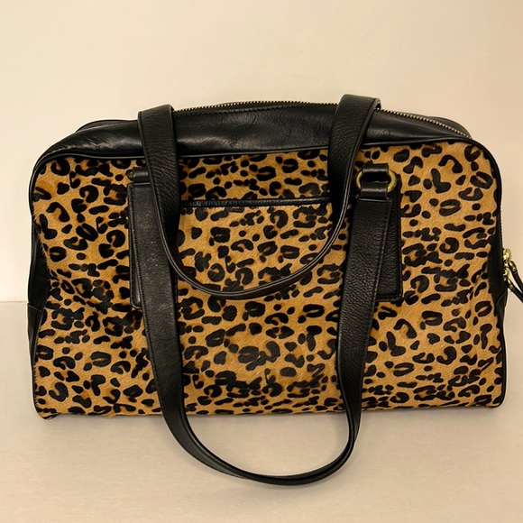 Fossil Black Leather Leopard Cheetah Print Handbag Satchel - Picture 4 of 16